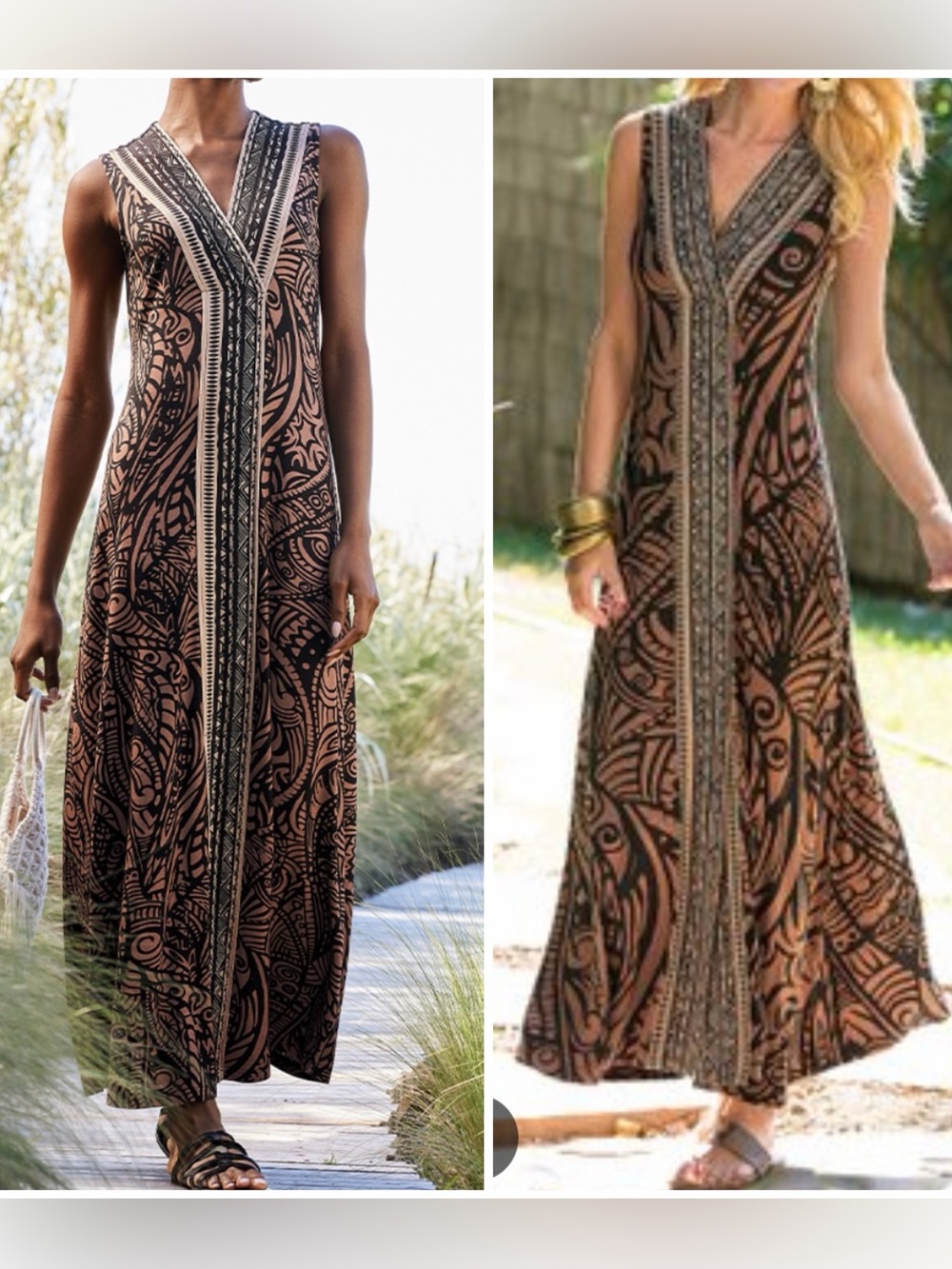 Soft Surroundings TXL Tall XL Maxi Dress Brown Black Tribal Boho V Neck Stretch